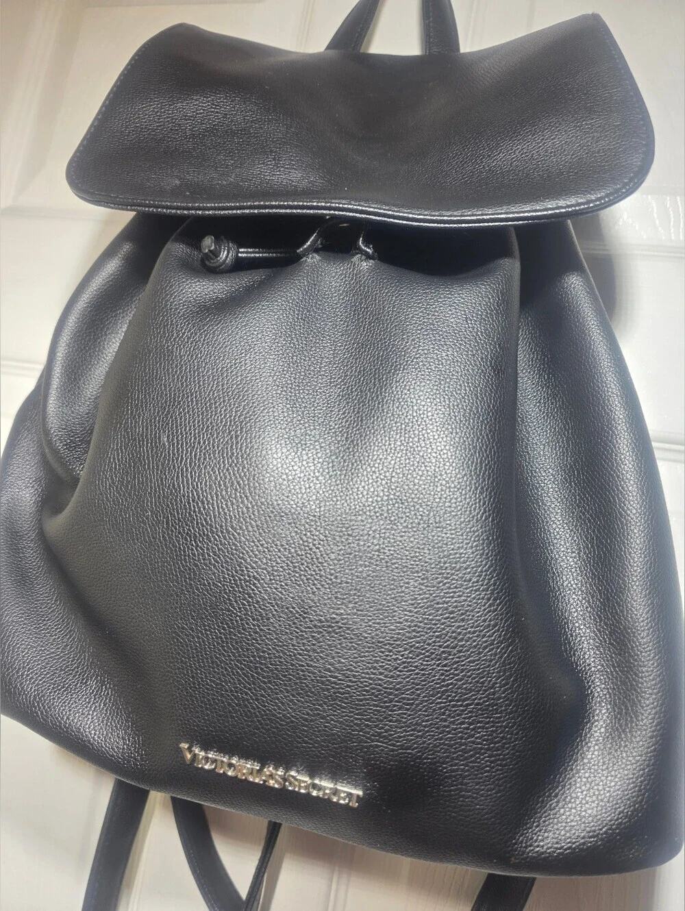 Victoria’s Secret Black Faux Leather Backpack Drawstring Bag Silver  Logo